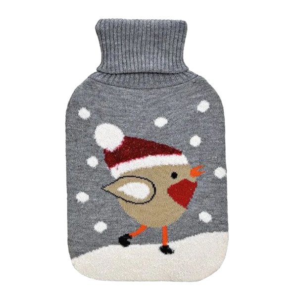 Wärmflasche Weihnachtsvogel, Vogel im Schnee, 2 L mit Strickbezug - Bettflasche, Wärmekissen