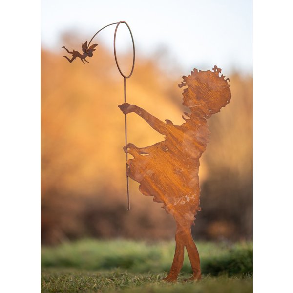 Große Deko Figur Feenfängerin mit Fee auf Platte H:100 cm im Rost Design - Rostfigur für den Garten, Gartendeko, Metalldeko
