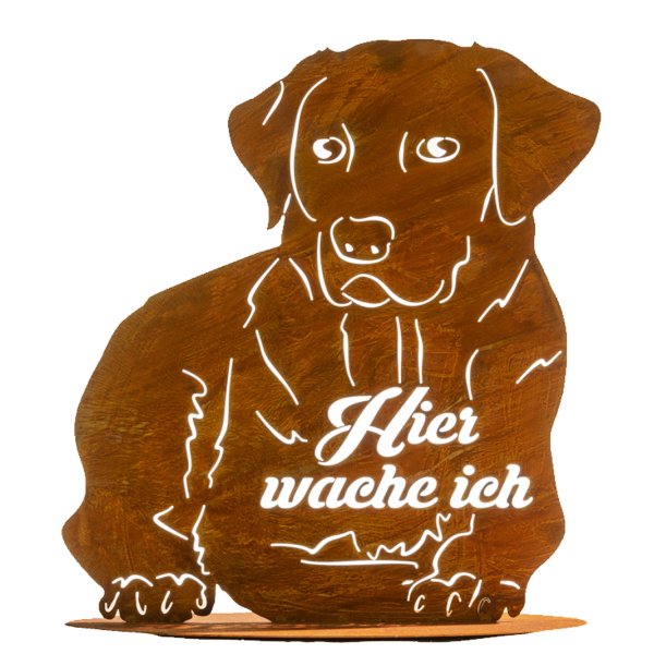 Rostfigur Hund Hier wache ich 50x45 cm auf Standplatte - Dekofigur für den Garten, Gartendeko, Metalldeko, Rost Design