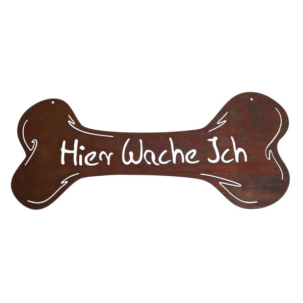 Schild Knochen Hund Hier wache ich 60 cm im Rost Design - Wandschild, Tür Deko, Dekofigur für den Garten, Gartendeko, Metalldeko, Rostfigur