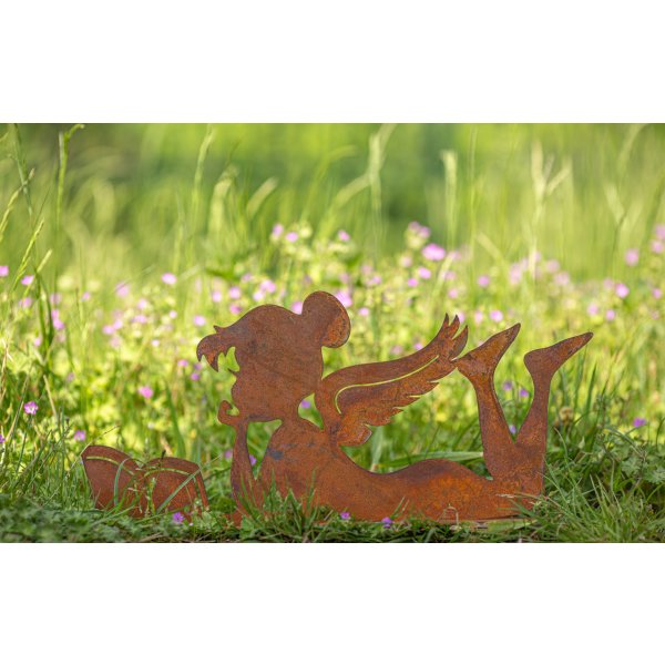 Dekofigur Fee liegend mit Buch 40x18 cm im Rost Design - Rostfigur für den Garten, Gartendeko, Metalldeko