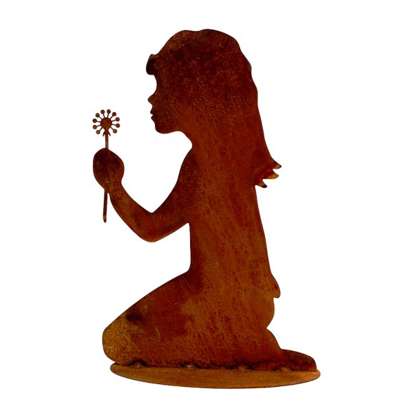 Dekofigur Mädchen mit Blume 40 cm auf Platte im Rost Design - Rostfigur Garten, Gartendeko, Metall Deko, Terrassendeko