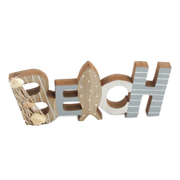Holz Schriftzug Beach 24,5 cm mit Muscheln - Maritim Deko, Strand, Schild im Retro Look, Deko Ferienwohnung Meer