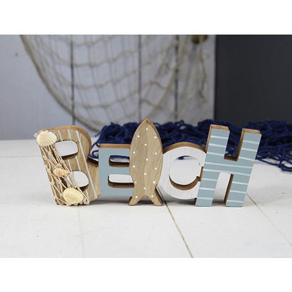 Holz Schriftzug Beach 24,5 cm mit Muscheln - Maritim Deko, Strand, Schild im Retro Look, Deko Ferienwohnung Meer