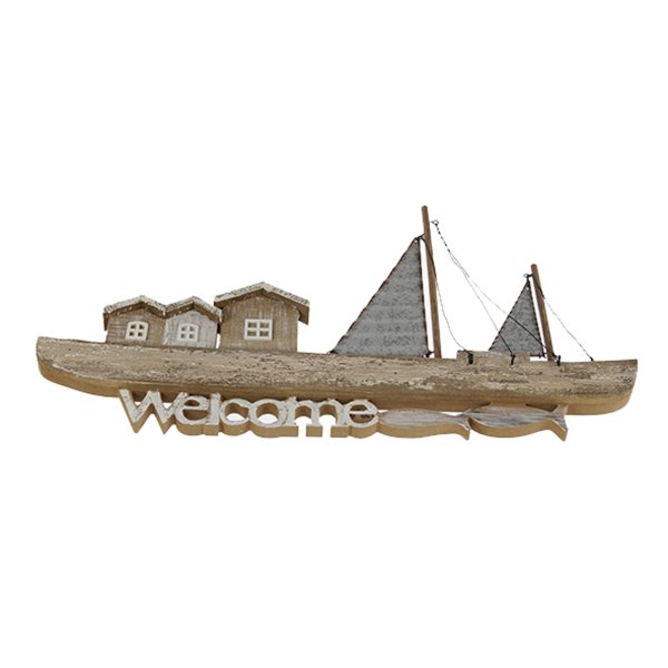 Boot Welcome 59 cm aus Holz zum Hängen als Maritime Deko - Wand Deko, Terrasse, Ferienwohnung, Schiff, Strand, Dekoartikel, Maritim