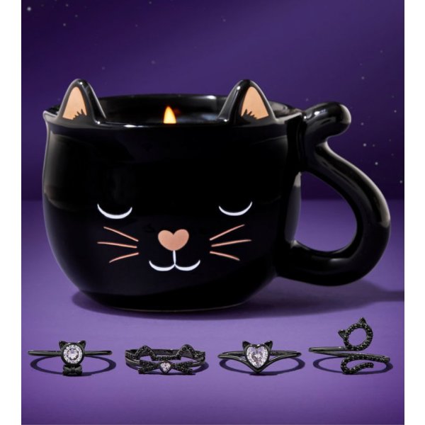 Duftkerze Black Cat Mug Katze mit Überraschungs Ring von Charmed Aroma, Kerze mit Schmuck