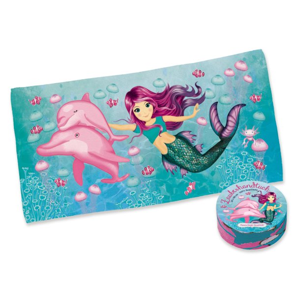 Magisches Handtuch Meerjungfrau mit Delphin 60x30 cm - Zauberhandtuch, Kinder Handtuch, Kindergeschenk, Mitgebsel, Mädchen