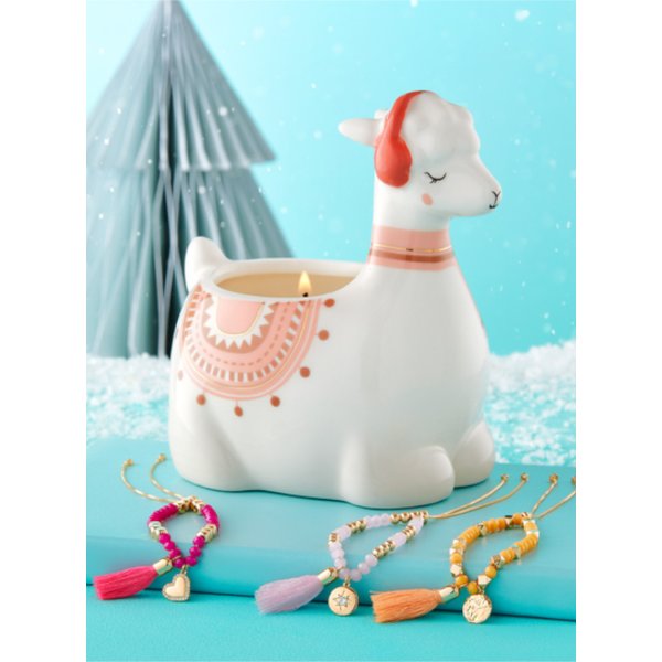 Duftkerze Fa-la-la-la Llama mit Armband von Charmed Aroma, Lama, Kerze mit Schmuck (Perlenarmband)