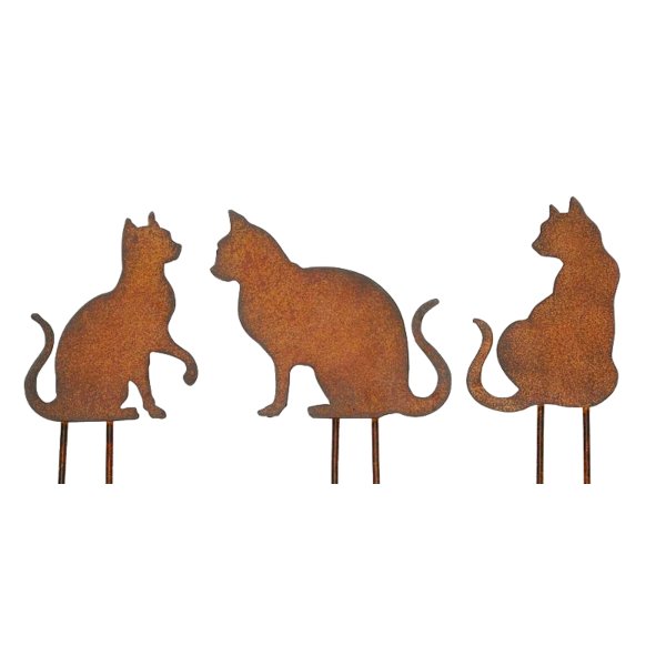 Gartenstecker Katze H: 27 cm (3er Set)  im Rost Design, Rostfigur für den Garten