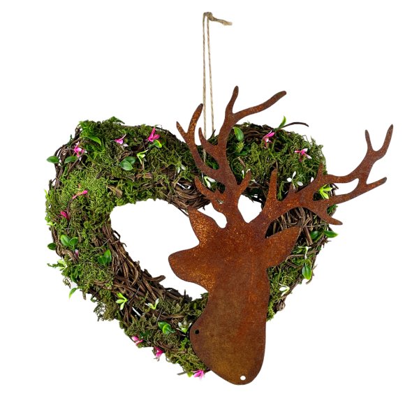 Türkranz Herz mit Hirsch im Rost Design D:26 cm - Hängedekoration, Tür Deko, Gartendeko, Geschenkidee