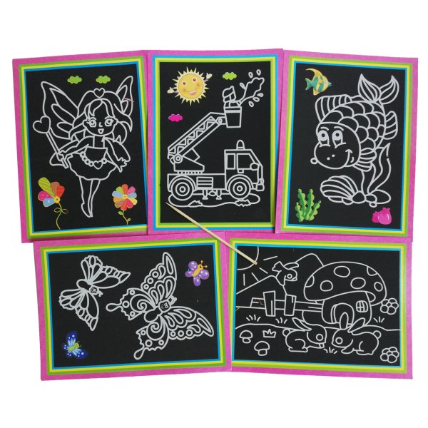 Kratzpapier Kratzbilder 50er Set mit 5 Motiven je inkl. Kratzstab - Wichtelgeschenk, Kindergeschenk, Nikolausgeschenk, tolles Give Away, Mitgebsel