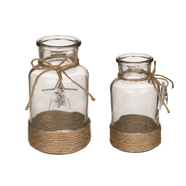 Vase mit Jute und Stern Deko (2er Set) Glasvase klar - schöne Vase im Landhaus Stil zur Tischdekoration, Hochzeit Dekoration