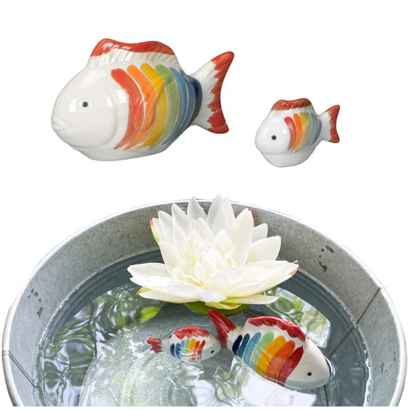 Teichdeko Fisch aus Porzellan (2er Set) schwimmend für Schwimmschale - Teich Deko, Deko für Vogeltränk, Fische, Schwimmtiere
