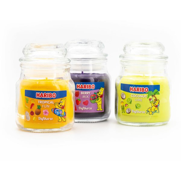 Haribo Duftkerze Frucht Power (3er Set) im Glas (klein), Kerzenset