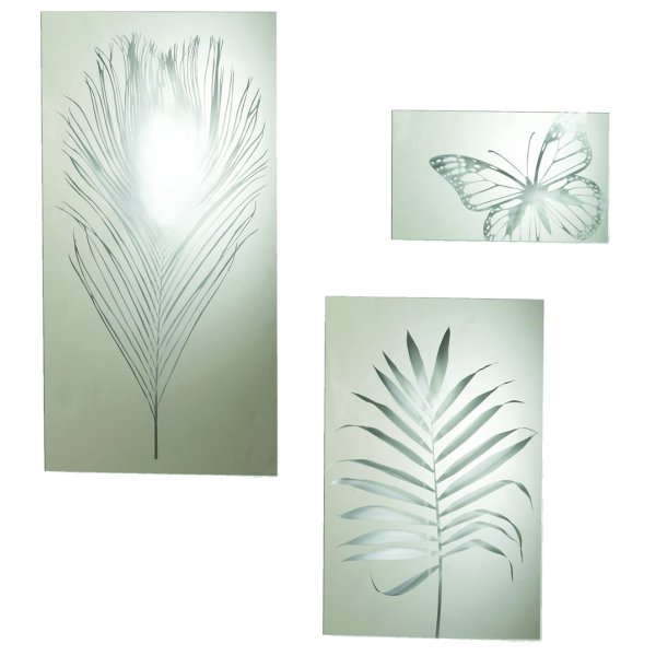 Spiegel Glasspiegel mit Natur Motiv (3er Set) - Garten Spiegel, Wohnzimmer Deko, Schmetterling, Farn, Feder