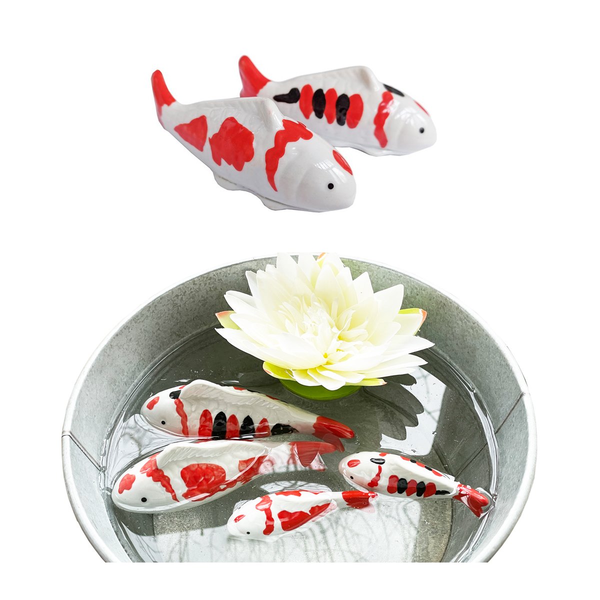 Koi Karpfen mit Streifen 10 cm aus Porzellan schwimmend 2er Set für S