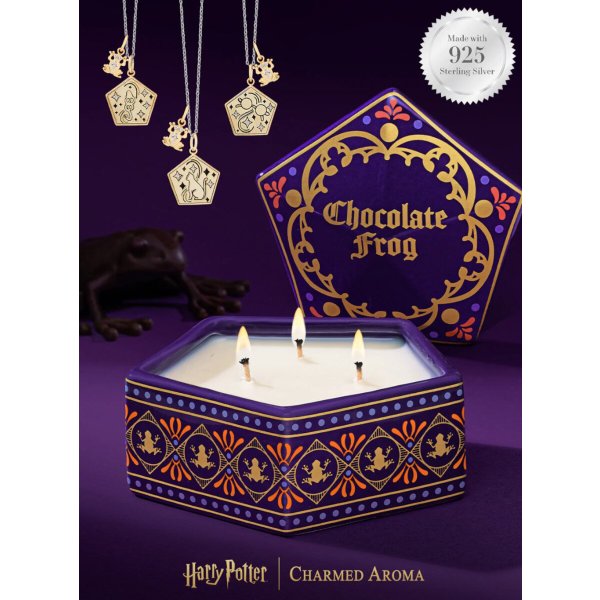 Harry Potter Duftkerze Chocolate Frog mit limtierter Halskette von Charmed Aroma, Kerze Schokoladen Frosch mit Schmuck