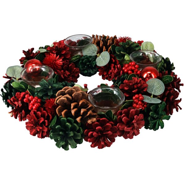 Adventskranz mit Kugeln & Zapfen grün-rot - Weihnachtsdekoration, Weihnachten, Advent, Adventsgesteck, Leuchterkranz