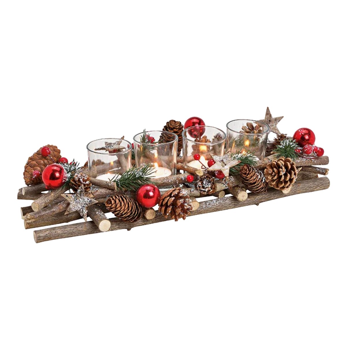Adventsgesteck Holz mit Zapfen und roten Kugeln länglich