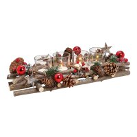 Adventsgesteck Holz mit Zapfen und roten Kugeln...