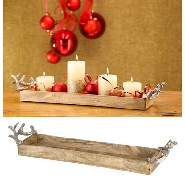 Holz Tablett lnglich 60 cm mit Hirsch Geweih Henkel - Serviertablett, Dekoteller, Vesperteller, Jger