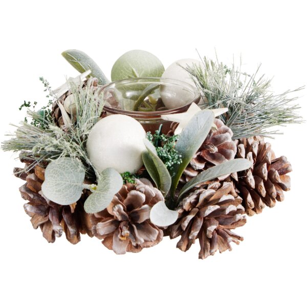 Festliches Adventsgesteck D:18 cm weiße Kugeln und Zapfen mit Teelichtglas - Adventsdeko (Adventskranz), weihnachtliche Tischdeko, Advent