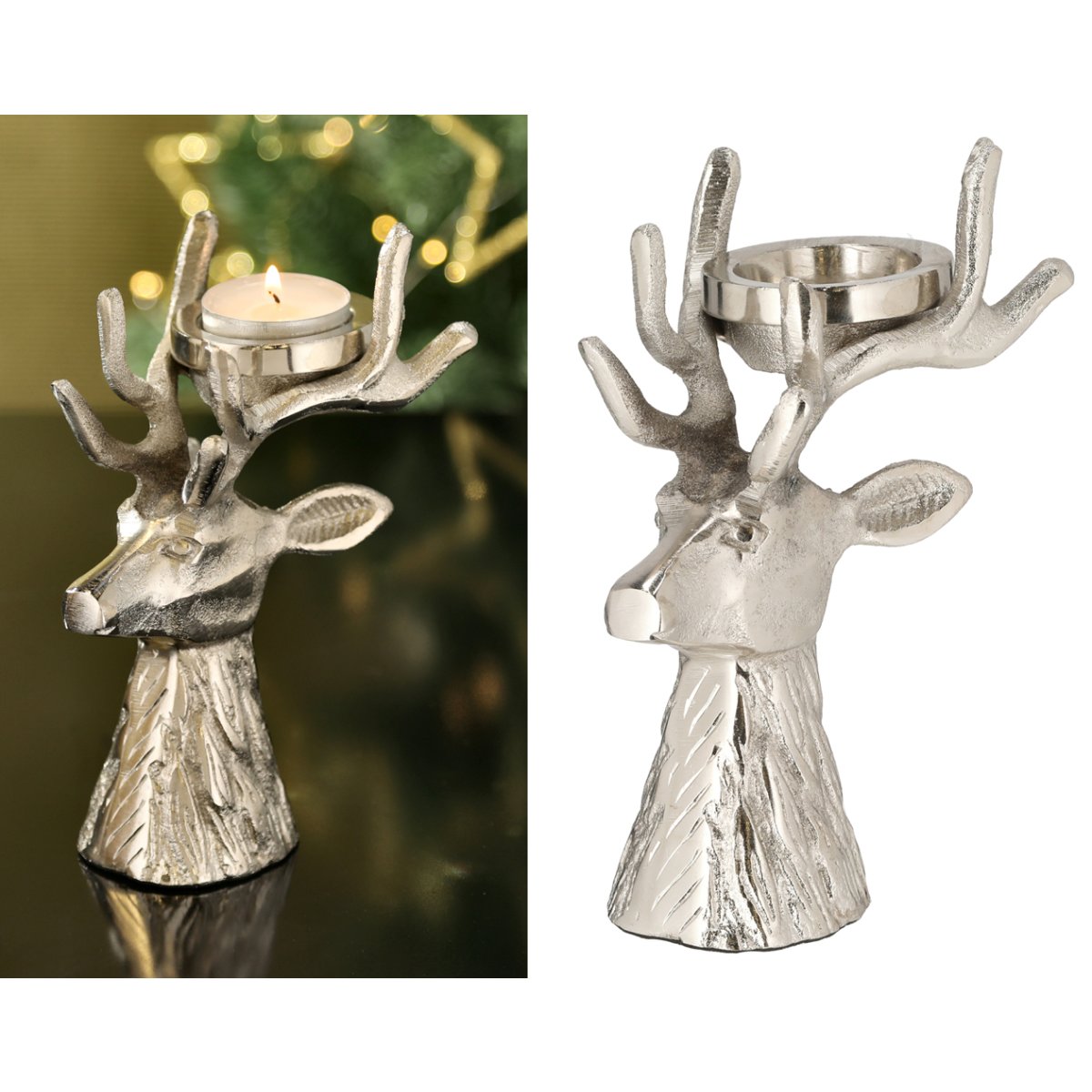 Teelichthalter Hirsch aus Aluminium silber, H: 17 cm - Weihnachten De,  15,95 €