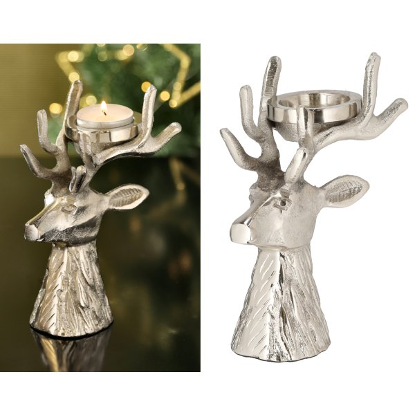 Teelichthalter Hirsch aus Aluminium silber, H: 17 cm - Weihnachten Deko, Adventsdeko, Kerzenhalter Hirschkopf, Advent