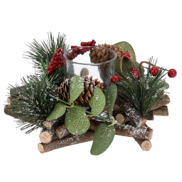 Adventsgesteck rote Beeren und Zapfen mit Teelichtglas, Adventsdeko (Adventskranz), weihnachtliche Tischdeko