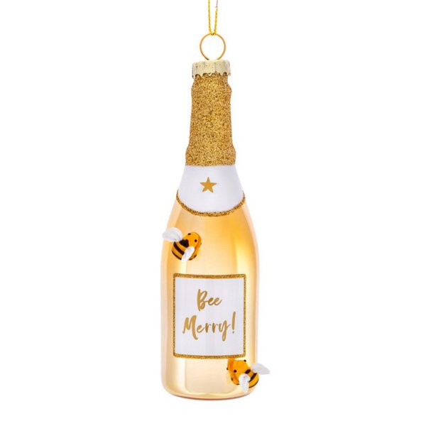 Baumschmuck goldene Champagner Flasche mit Biene - Bee Merry Gold Champagne Baumkugel, Weihnachtsdeko, Christbaumkugel, Imker