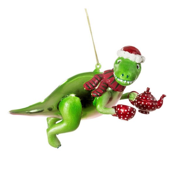 Baumschmuck Dinosaurier T-Rex mit Teekanne - Baumkugel, Weihnachtsdeko, Christbaumkugel, Christbaumschmuck