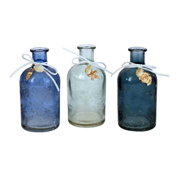 Deko Flasche maritim mit Muschel Anhänger  H:13,5 cm (3er Set) - Vase in Blautönen, Tischdekoration, maritime Dekoration