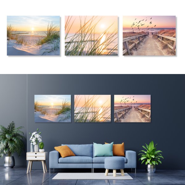 Canvas Bilder maritim 40x30 cm (3er Set) - Bilder auf Leinwand, Deko Ferienwohnung Meer, Maritime Deko, Strand, Küste