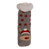 2 Paar Hüttensocken mit ABS-Sohle Rentier und Santa Claus, Gr. 22 - 34 - Kuschelsocken, Wintersocken, Hausschuh Socken, Wohlfühlsocken, Strumpf, Hütten-Strümpfe
