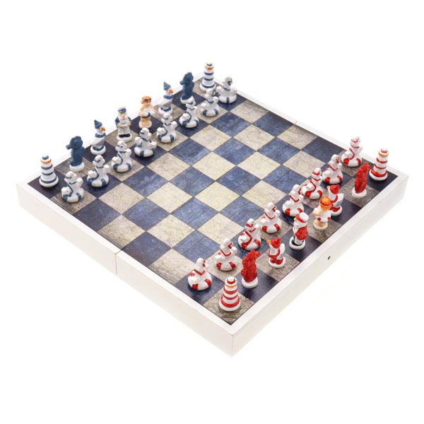 Schachspiel Maritim 25x25 cm klappbar, Schachbrett aus Holz - Schach Spiel, maritime Figuren, Meer Strand Design