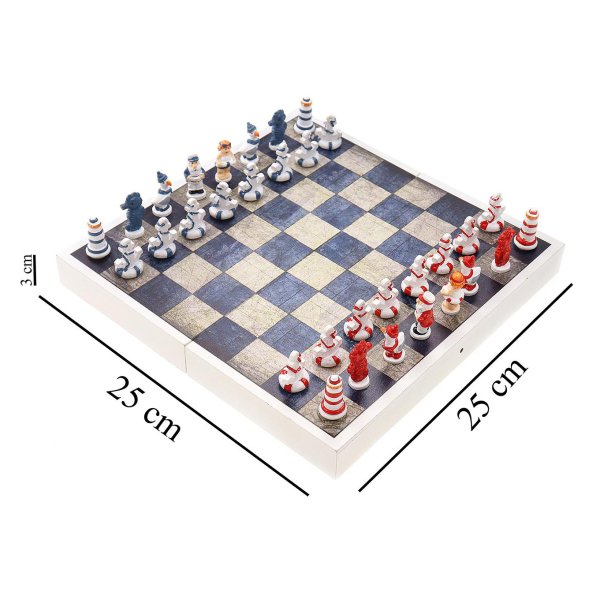 Schachspiel Maritim 25x25 cm klappbar, Schachbrett aus Holz - Schach Spiel, maritime Figuren, Meer Strand Design