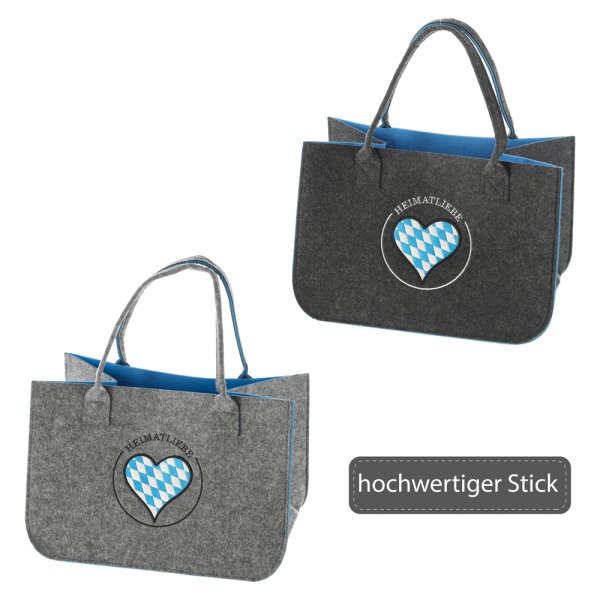 Filztasche Heimatliebe Bayern mit Herz Stickerei 40x27 cm - Einkaufstasche, Heimat Handtasche, Geschenktasche