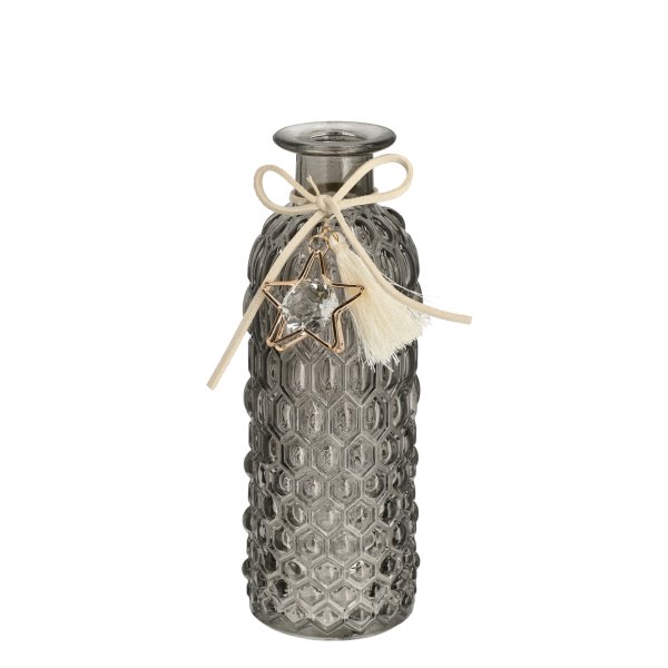 Vase mit Stern Anhänger H:16,5 cm Glasvase grau - Vase im Landhaus Stil, Tischdekoration, Glasflasche, Hochzeit Dekoration, Blumenvase
