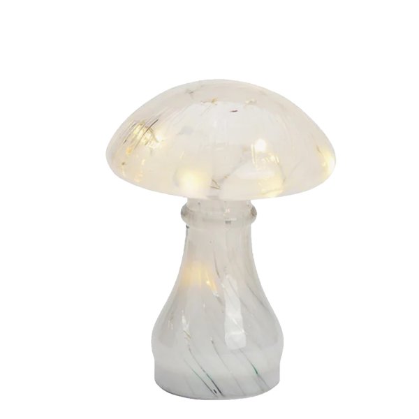 Dekoleuchte Pilz Glas H:18 cm, Weiss gepunktet,  Pilz Lampe mit LED Lichterkette, Dekolampe, Tischleuchte, Pilzlampe