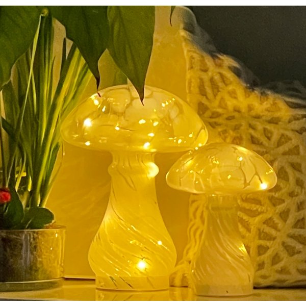 Dekoleuchte Pilz Glas H:18 cm, Weiss gepunktet,  Pilz Lampe mit LED Lichterkette, Dekolampe, Tischleuchte, Pilzlampe