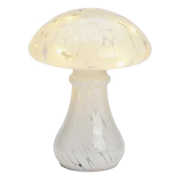 Dekoleuchte Pilz Glas H:25 cm, Weiss gepunktet,  Pilz Lampe mit LED Lichterkette, Dekolampe, Tischleuchte, Pilzlampe