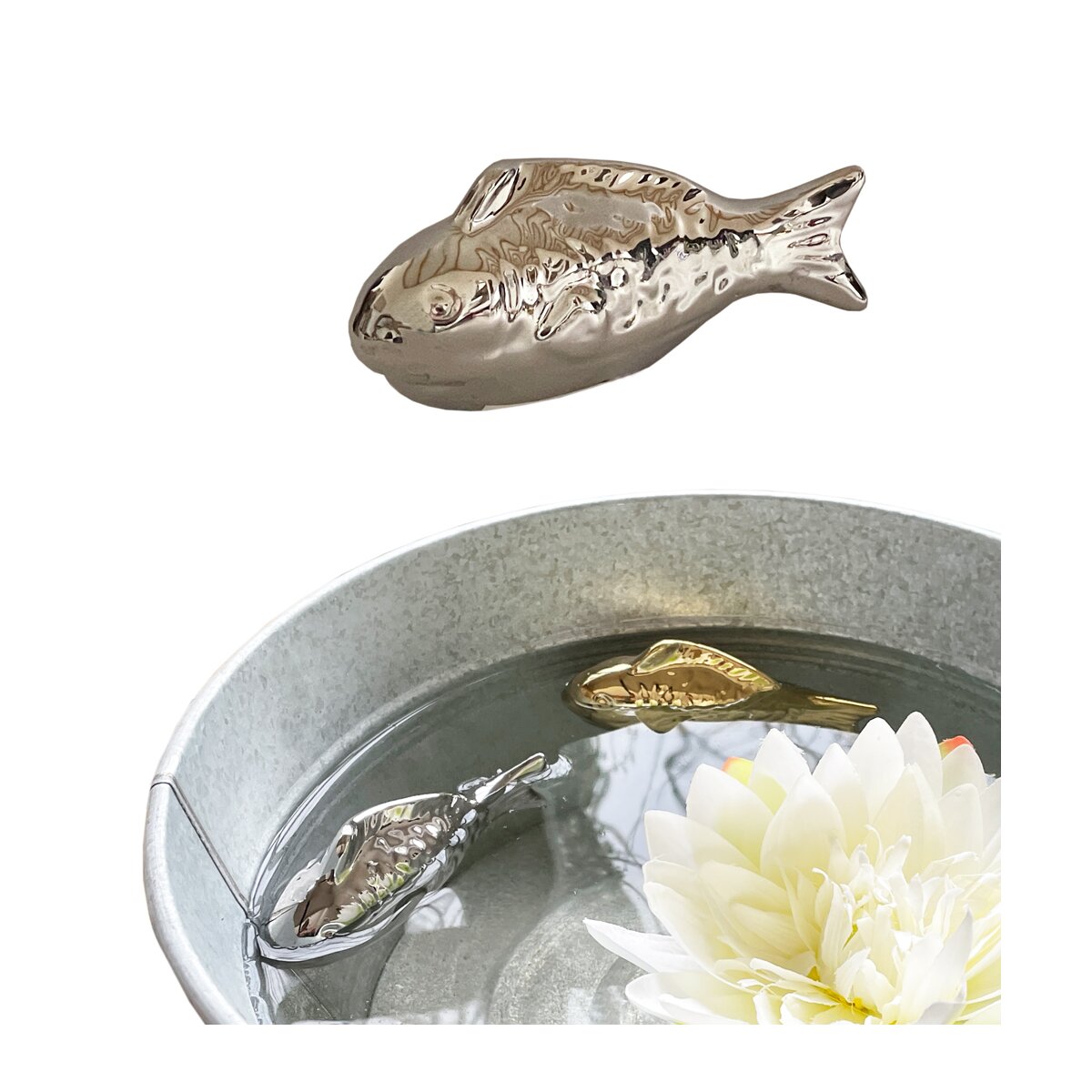 Teichdeko Fisch silber 15,5 cm aus Porzellan schwimmend für Schwimmsc
