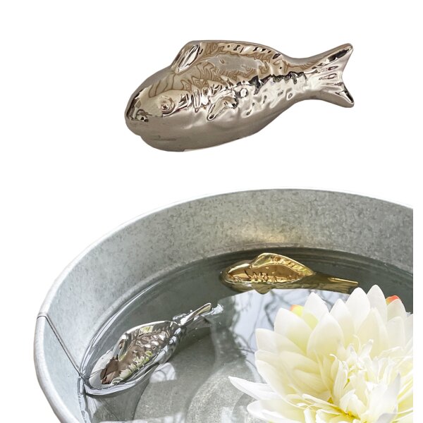 Teichdeko Fisch silber 16 cm aus Porzellan schwimmend für Schwimmschale - Teich Deko, Deko für Vogeltränk, Fische, Schwimmtiere