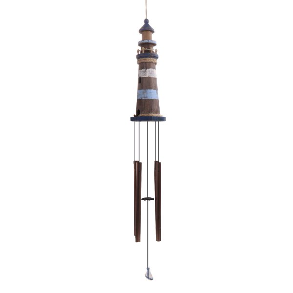 Windspiel Leuchtturm aus Holz und Metall H: 90cm - maritime Deko, Maritim im Shabby Look, Wind Spiel Meer, Klangspiel Küste