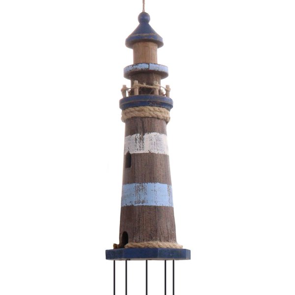Windspiel Leuchtturm aus Holz und Metall H: 90cm - maritime Deko, Maritim im Shabby Look, Wind Spiel Meer, Klangspiel Küste