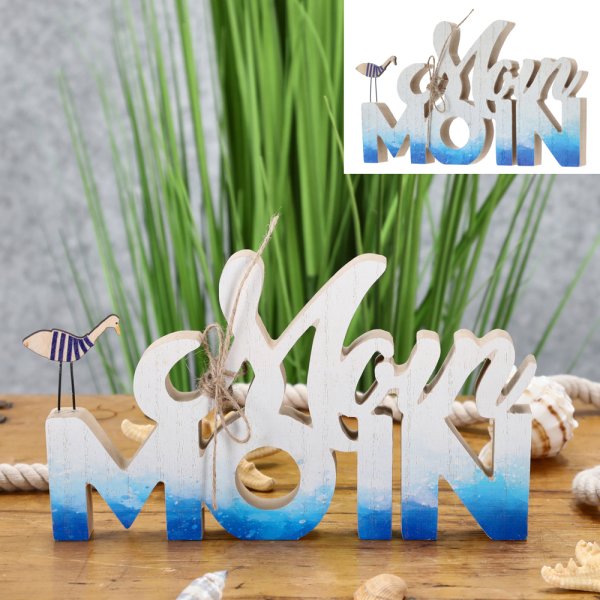 Deko Holz Schriftzug Moin 24 cm mit Möwe - Maritim Deko, Strand, Möwe, Schild im Retro Look, Deko Ferienwohnung Meer