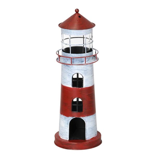 Windlicht Leuchtturm rot weiss H:39,5 cm aus Metall - Maritime Deko, Dekofigur Küste, Gartendeko, Metalldeko Meer, Teelichthalter