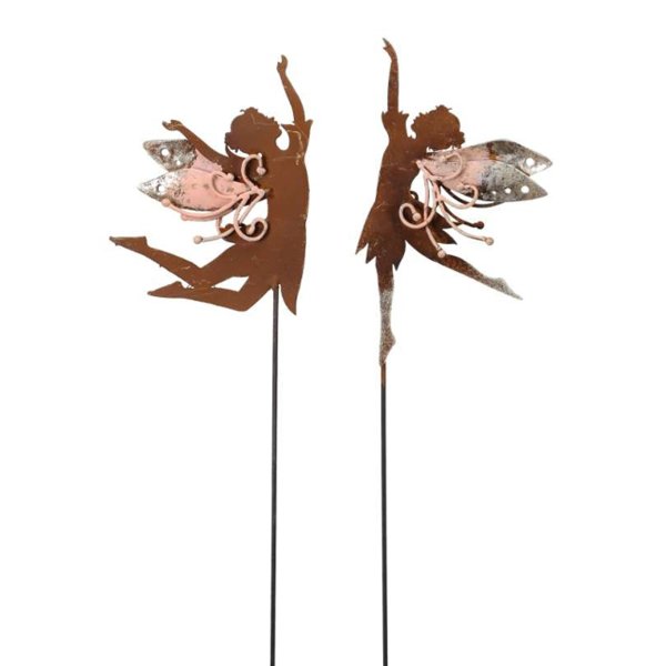 Gartenstecker Elfe mit rosa Flügeln (2er Set) im Rost Design - Rostfigur Fee für den Garten, Gartendeko, Metalldeko