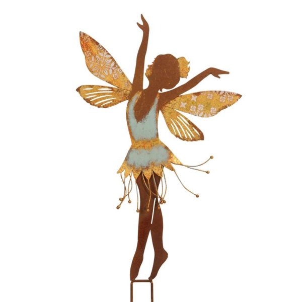 Rostfigur Tanzende Elfe in gold und hellblau H: 54,5 cm - Gartenstecker Fee im Rost Design, Dekofigur Garten, Gartendeko, Metalldeko