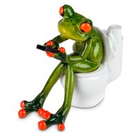 Dekofigur Frosch auf Toilette mit Handy 11x13 cm - Deko für Badezimmer, WC Frösche, lustige Dekoration Smartphone